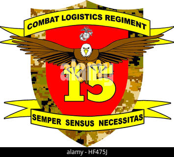 L'insegna del Combat Logistics Regiment 15 rappresenta l'identità e la missione dell'unità all'interno del corpo dei Marines, simboleggiando il suo ruolo nella fornitura di operazioni logistiche e di supporto al combattimento. Foto Stock