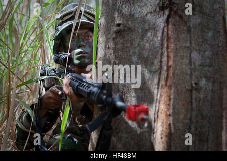 100727-M-2339L-2703 KAHUKU AREA FORMAZIONE, Hawaii (Luglio 27, 2010) - un paracadutista malese con 9 Royal Reggimento Malay, malese esercito, fornisce la sicurezza durante un raid in elicottero su una improvvisata dispositivo esplosivo fabbrica con U.S. Marines dalla società e, secondo battaglione, 3° Reggimento Marine, a Kahuku Area Formazione, Hawaii, luglio 27. Il raid è stato l'azione successiva ad una evacuazione noncombatant operazione eseguita da 2/3 Marines e le forze della coalizione a Marine Corps Area Formazione soffietto, Hawaii, luglio 26. Entrambe le operazioni sono state condotte come parte della formazione di interoperabilità tra le forze della coalizione Foto Stock