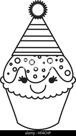 Tortina personaggio kawaii con party hat illustrazione vettoriale design Illustrazione Vettoriale