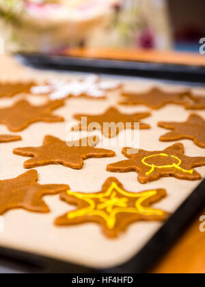 Mano Womans decorare i biscotti con lo zucchero. Rendendo Gingerbread Cookies serie. Foto Stock