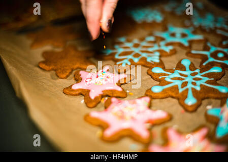 Mano Womans decorare i biscotti con lo zucchero. Rendendo Gingerbread Cookies serie. Foto Stock