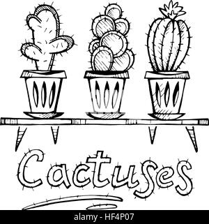 Cactus doodle impostare schizzo delle piante di casa. Illustrazione Vettoriale