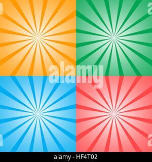 Set di 4 Sunburst retrò Grunge sfondi testurizzato. Raggi vintage Illustrazione Vettoriale