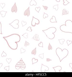 Modello senza cuciture con diverse dimensioni disegnate a mano cuori su sfondo bianco. Illustrazione Vettoriale