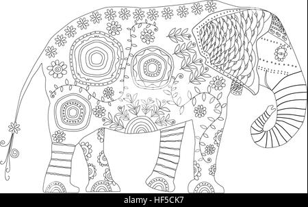 Elefante decorativo. Adulto colorazione antistress pagina. Bianco e nero illustrazione per libro da colorare Illustrazione Vettoriale