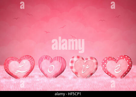 Carino piccolo cuore con la parola 'amore' su una sognante, sfondo rosa. Foto Stock
