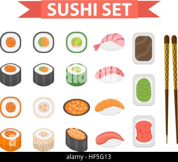 Sushi set di icone, elemento di design, stile piatto. Rulli giapponese, wasabi, la salsa di soia, lo zenzero, bacchette isolati su sfondo bianco. Illustrazione Vettoriale, clip art Illustrazione Vettoriale