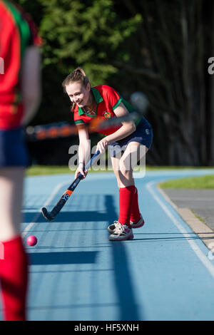 Istruzione superiore nel Regno Unito: Aberystwyth studenti universitari playing field hockey giochi sportivi sul campus Foto Stock