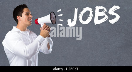 Processi, processo di assunzione di lavoro dipendenti concetto aziendale giovane uomo megafono bullhorn Foto Stock