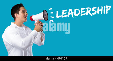 Leadership di successo leader di successo della crescita delle finanze concetto aziendale giovane uomo megafono bullhorn Foto Stock