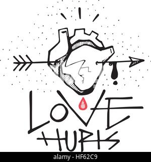 Disegnata a mano illustrazione vettoriale o disegno della frase: l'amore fa male e un cuore umano con una freccia e sangue Illustrazione Vettoriale