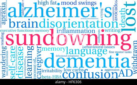 Sundowning word cloud su uno sfondo bianco. Illustrazione Vettoriale