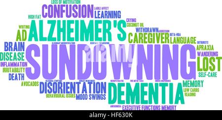 Sundowning word cloud su uno sfondo bianco. Illustrazione Vettoriale