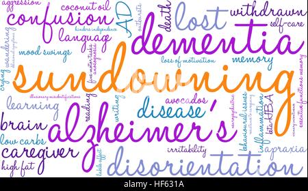 Sundowning word cloud su uno sfondo bianco. Illustrazione Vettoriale