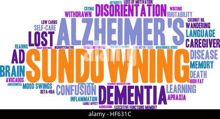 Sundowning word cloud su uno sfondo bianco. Illustrazione Vettoriale