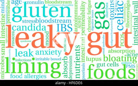 Leaky Gut word cloud su uno sfondo bianco. Illustrazione Vettoriale