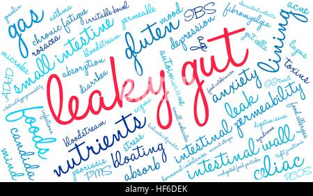 Leaky Gut word cloud su uno sfondo bianco. Illustrazione Vettoriale