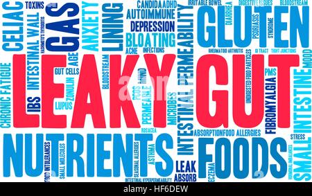 Leaky Gut word cloud su uno sfondo bianco. Illustrazione Vettoriale