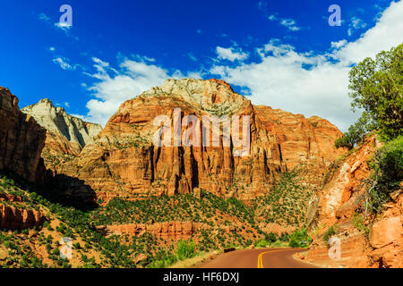 Zion National Park, Stati Uniti d'America. Eccellente con asfalto rosso strada panoramica tra le pittoresche montagne di arancione e pietra arenaria rossa. Foto Stock