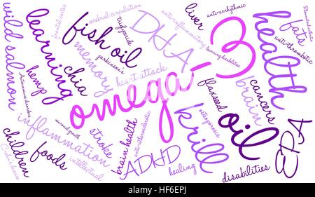 Omega 3 word cloud su uno sfondo bianco. Illustrazione Vettoriale