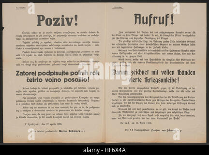 Gleich denen, welche auf dem Schlachtfelde ihr Herzblut fürs patria vergießen, müssen auch alle anderen Bevölkerungskreise ihre Vaterlandsliebe und ihren Opfersinn bezeugen. Darum zeichnet mit vollen Händen vierte Kriegsanleihe! - Laibach, am 17. Aprile 1916 - Der k.k. Landespräsident Freiherr von Schwarz - Z. 2522/Mob. Vierte Kriegsanleihe - Kundmachung - Laibach - Mehrsprachiges Plakat 1916 Foto Stock