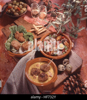 Albondigas con salsa,Cazon en Adobo,Salpicon de Mariscos,le polpette di carne in salsa di mandorle,marinata di pesce fritto,cocktail di molluschi e crostacei, Foto Stock
