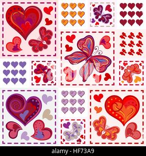 Mosaico colorato con cuori e butterfly. Modello senza giunture. Serie di Scrapbooking. Sfondo del vettore. Illustrazione Vettoriale