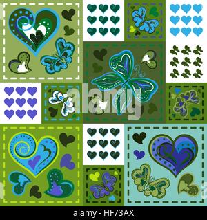 Sfondo senza soluzione di continuità con le farfalle cuori in stile patchwork. Illustrazione Vettoriale Illustrazione Vettoriale