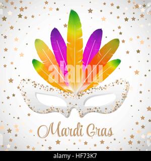 Mardi Gras maschera vettoriale con piume colorate isolato su bianco e oro stelle Illustrazione Vettoriale