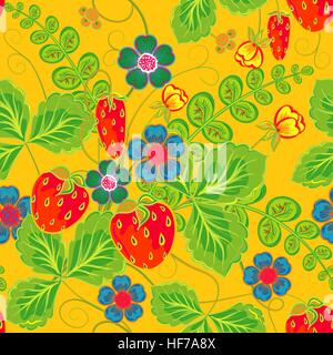 Eccellente modello senza cuciture con disegno a mano rosso arancio fragola, blu fiori e foglie verdi su sfondo giallo Illustrazione Vettoriale