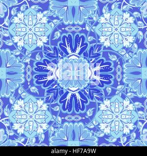 Colorate, smalto seamless pattern del mandala. Vector orientaleggiante su un luminoso toni del blu. Fairy motivo floreale di elementi circolari.Può essere utilizzato per prodotti tessili, moquette, piastrelle, scialle. Illustrazione Vettoriale