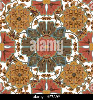 Colorate, smalto seamless pattern del mandala. Vector orientaleggiante su un luminoso toni di marrone. Fairy motivo floreale di elementi circolari.Può essere utilizzato per prodotti tessili, moquette, piastrelle, scialle. Illustrazione Vettoriale