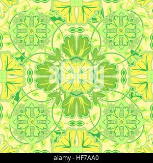 Colorate, smalto seamless pattern del mandala. Vector orientaleggiante su un luminoso giallo verde toni. Fairy motivo floreale di elementi circolari.Può essere utilizzato per prodotti tessili, moquette, piastrelle, scialle. Illustrazione Vettoriale