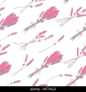 Vettore seamless floral pattern con disegnati a mano le erbe. Lavanda rosa su sfondo bianco. Illustrazione Vettoriale