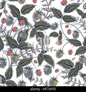 Modello senza cuciture con foglie e lampone. Sfondo per il tuo design con luminosi, in contrasto rosse bacche e foglie verdi. Illustrazione Vettoriale. Illustrazione Vettoriale