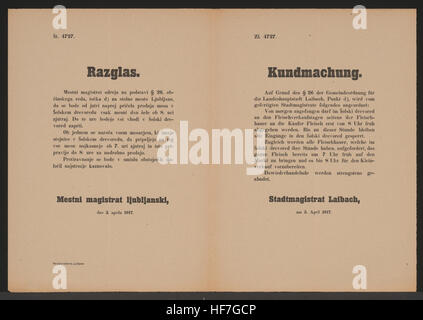 Un poster multilingue dell'era della prima guerra mondiale del 1917, pubblicato dalle autorità municipali di Laibach, che regolava le vendite di carne sul mercato. Il poster evidenzia le restrizioni del commercio durante il conflitto in tempo di guerra. Foto Stock