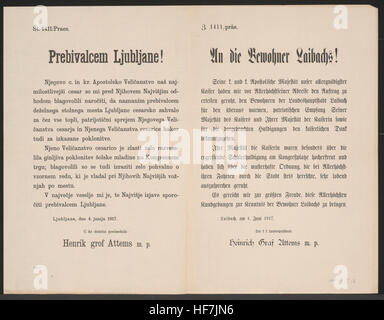 Questo manifesto multilingue del 1917 celebra l'apprezzamento dell'Imperatore e dell'Imperatrice d'Austria ai residenti di Laibach (Lubiana) per la loro accoglienza patriottica durante la prima guerra mondiale. Mette in evidenza l'ordine dei cittadini e i tributi degli studenti. Foto Stock