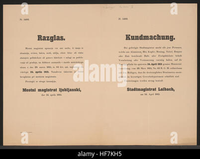Questo poster multilingue di Laibach nel 1915, pubblicato durante la prima guerra mondiale, informa i metalmeccanici del loro obbligo di segnalare forniture di metalli come alluminio, rame e zinco. Riflette l'economia in tempo di guerra e la necessità di controllo delle risorse. Foto Stock