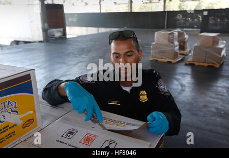 Un U.S. Customs and Border Protection Officer utilizza un coltello per tagliare e aprire una scatola di spuntini come egli conduce una ispezione casuale del contenuto all'Otay Mesa, California, la porta di entrata, 23 giugno 2016. Da Glenn Fawcett Foto Stock