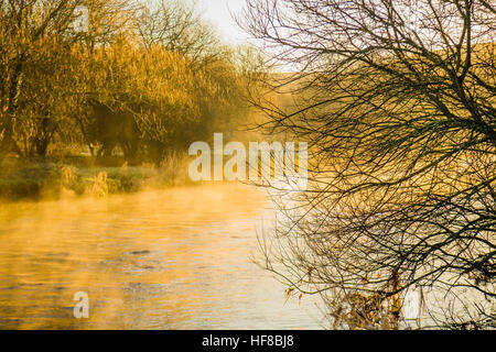 Aberystwyth Wales UK, mercoledì 28 dicembre 2016 UK Meteo: e gelido freddo mattino in Aberystwyth, dopo una chiara notte con temperature immergersi ben al di sotto dello zero. Il sole illumina il whisps di nebbia in aumento dopo il fiume Rheidol alla prima luce Credito: keith morris/Alamy Live News Foto Stock