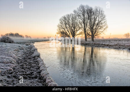 Willingham, Cambridgeshire, Regno Unito. 29 Dic, 2016. Il sole sorge su un congelati paesaggio Fenland sopra il vecchio West River. La temperatura è scesa a circa meno 4 gradi centigradi per tutta la notte con una diffusa il gelo e banchi di nebbia all'alba. © Julian Eales/Alamy Live News Foto Stock