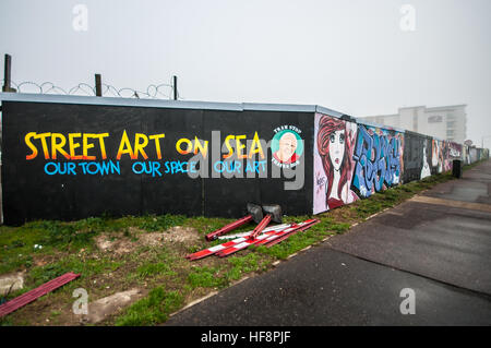 Gli artisti locali Giovanni Bulley e Mark Sharp completato un aggiunta per la street art wall attualmente confinanti con un lungo ritardo-progetto di costruzione lungo Southend sul lungomare per ricordare l'attrice Carrie Fisher scomparso il 27 dicembre. Foto Stock