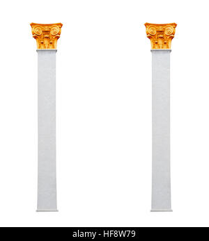 Due colonne e lesene in stile corinzio isolati su sfondo bianco Foto Stock