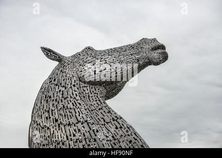 Uno dei Kelpies testa di cavallo sculture presso il parco di elica a Falkirk, Scozia Foto Stock