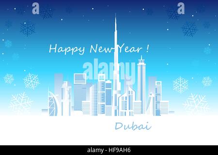 Dubai cityscape con grattacieli e punti di riferimento, i fiocchi di neve e Felice Anno Nuovo congratulazioni illustrazione vettoriale Illustrazione Vettoriale