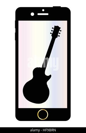 Un generico cellulare con una chitarra su schermo su uno sfondo bianco Illustrazione Vettoriale