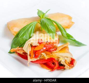 Verdure involtini primavera, sul piatto bianco vista superiore Foto Stock