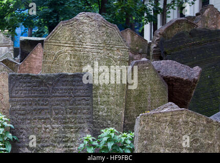 Praga, Repubblica Ceca - 19 Giugno 2015: abbandonati lapidi presso il vecchio cimitero ebraico di Praga, Repubblica Ceca. Foto Stock