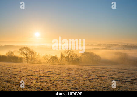 Sun sorge oltre la nebbia paesaggio rurale su un pupazzo di neve con inverni nitido mattina con una temperatura di -6 ºC vicino a Warwick, Warwickshire, Regno Unito Foto Stock