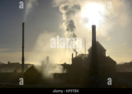 Il camino e il vapore dalla storica Harvey's Brewery, Lewes, East Sussex, su di un soleggiato al mattino invernale Foto Stock